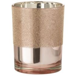 J-LINE THEELICHTHOUDER PARELS GLAS ROZE/GOUD M (10X10X12.5CM)